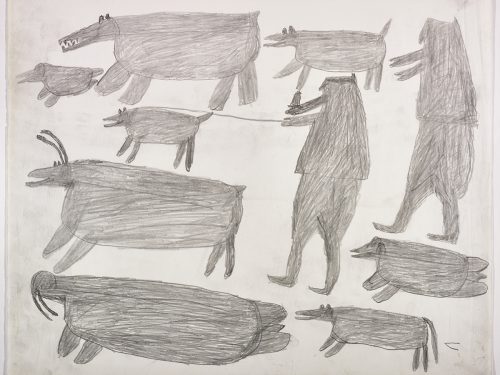 À gauche, un ours polaire, un phoque, un chien, un caribou et un morse; à droite, deux figures humaines, deux chiens et un phoque. Œuvre bidimensionnelle exécutée en gris.