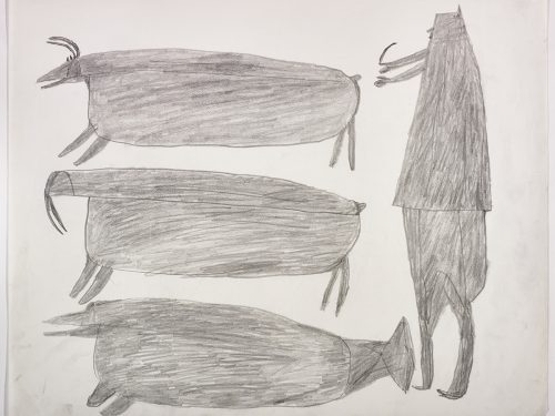 À gauche, un caribou, un morse et une créature ressemblant à une baleine; à droite, un humain de grande taille à côté de trois animaux. Œuvre bidimensionnelle exécutée en gris.