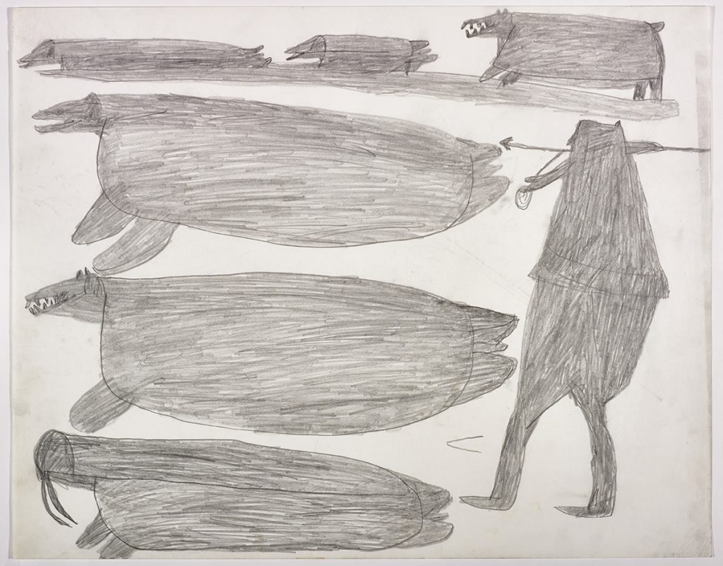 À gauche, deux petits phoques, un gros phoque, une créature ressemblant à un phoque et un morse; à droite, un chien au-dessus d'un chasseur avec une arme. Œuvre bidimensionnelle exécutée en gris.
