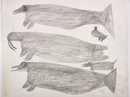 Dans le haut de la page, une créature ressemblant à une baleine, un oiseau et un morse; dans le bas, une créature ressemblant à une baleine et un chien. Œuvre bidimensionnelle exécutée en gris.