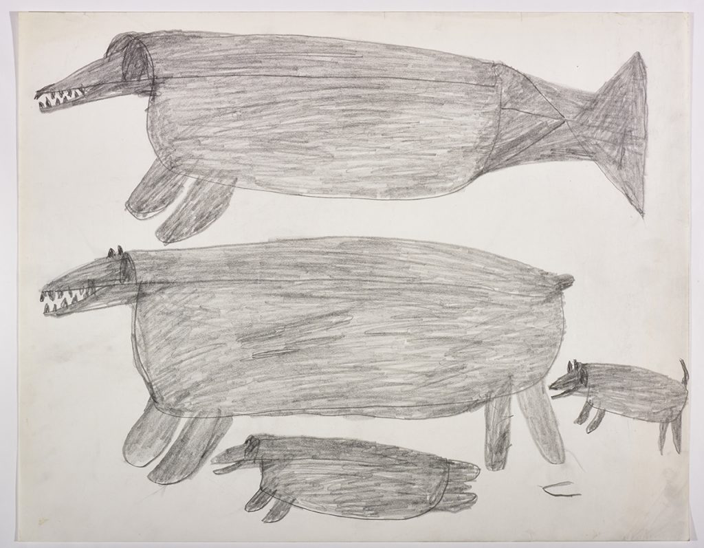 Dans le haut de la page, une grande créature ressemblant à une baleine aux dents pointues; dans le bas, un ours polaire, un phoque et un chien. Œuvre bidimensionnelle exécutée en gris.