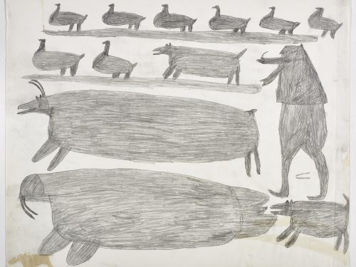 Dans le haut de la page, huit oiseaux, un caribou et un chasseur avec un couteau; dans le bas, un morse et un chien. Œuvre bidimensionnelle exécutée en gris.