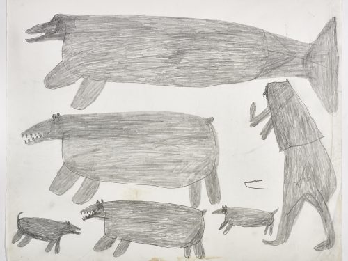 Dans le haut de la page, un ours polaire, un béluga et un chasseur avec son couteau; dans le bas, un ourson polaire et deux chiens. Œuvre bidimensionnelle exécutée en gris.