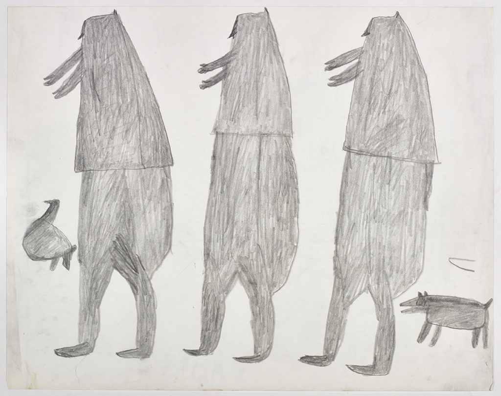 À gauche, deux grands chasseurs et une oie; à droite, un chasseur et un chien. Ils sont tous tournés vers la gauche. Œuvre bidimensionnelle exécutée en gris.