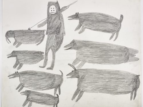 A walrus, a seal, two dogs and a human figure holding a spear on the left side and another dog, seal, and a caribou on the right side of the page. They are depicted in a flat, two-dimensional style with minimal detail using grey.