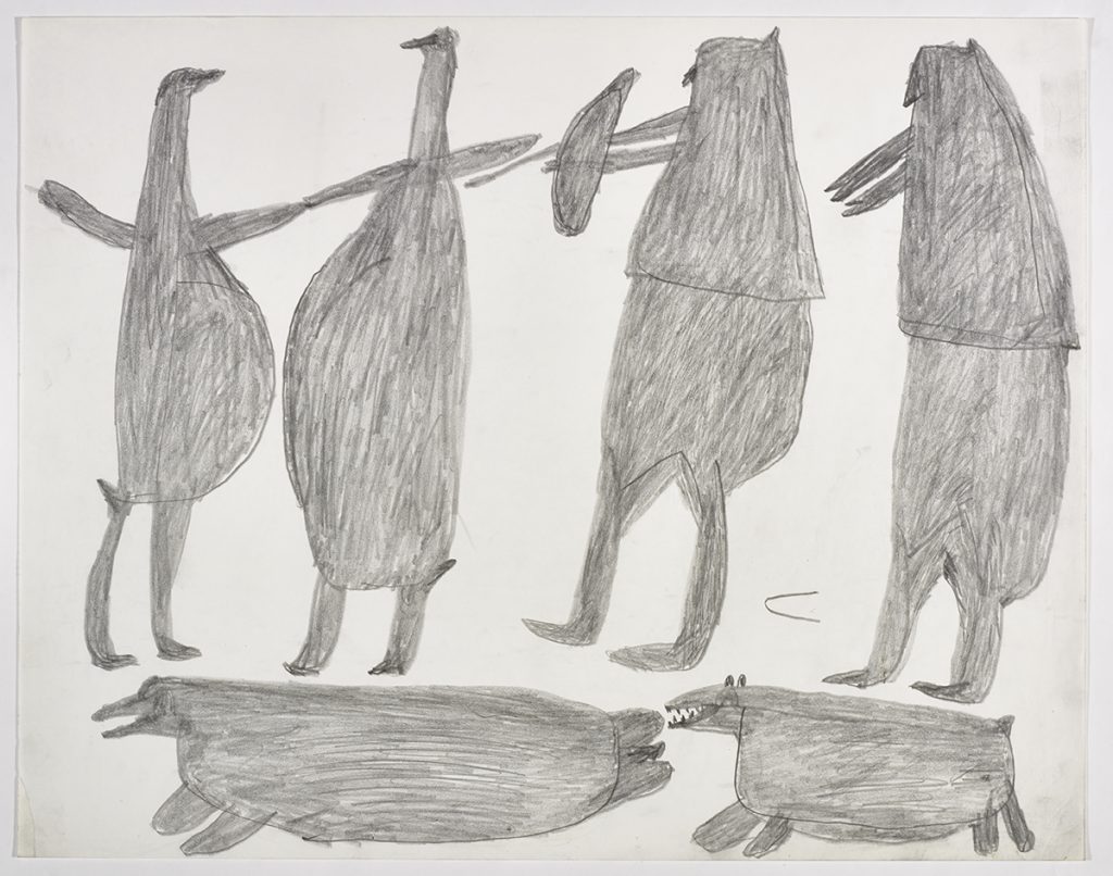 Dans le haut de la page, deux grands oiseaux et deux figures humaines; dans le bas, un phoque et un ours. Œuvre bidimensionnelle exécutée en gris.