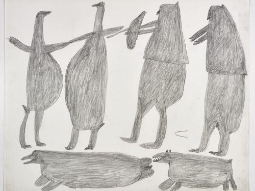 Dans le haut de la page, deux grands oiseaux et deux figures humaines; dans le bas, un phoque et un ours. Œuvre bidimensionnelle exécutée en gris.