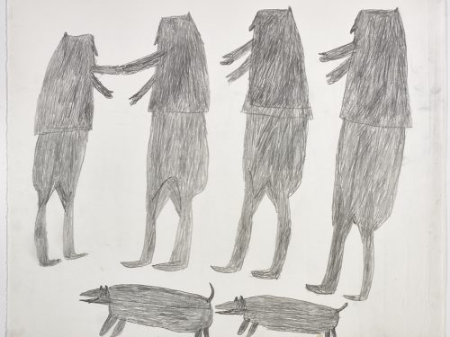 Dans le haut de la page, quatre humains; dans le bas, deux chiens. Œuvre bidimensionnelle exécutée en gris.