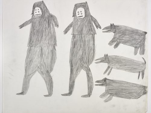 À gauche, deux figures humaines; à droite, un ours, un chien et un phoque. Œuvre bidimensionnelle exécutée en gris.