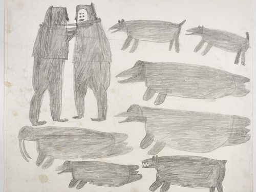 Dans le haut de la page, deux personnages se faisant face, deux chiens et deux phoques; dans le bas, un morse, un phoque et un ours. Œuvre bidimensionnelle exécutée en gris.