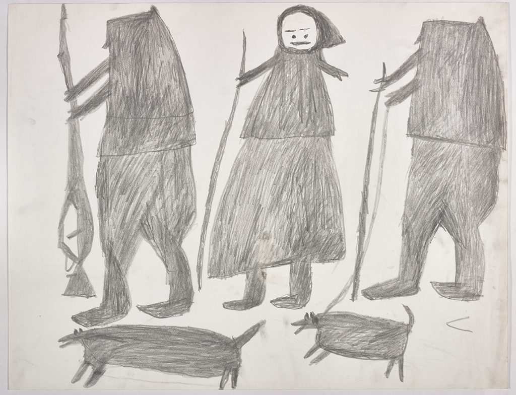 Dans le haut de la page, trois figures humaines de grande taille avec des armes; dans le bas, deux chiens, dont un en laisse. Œuvre bidimensionnelle exécutée en gris.