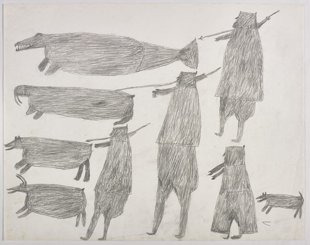 Three hunters with their weapons and a dog on the right side and another hunter near a polar bear