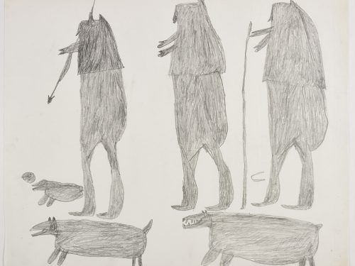 Dans le haut de la page, trois chasseurs inuits avec deux harpons; dans le bas, un phoque à côté d'un trou de respiration, un ours polaire et un chien. Œuvre bidimensionnelle exécutée en gris.