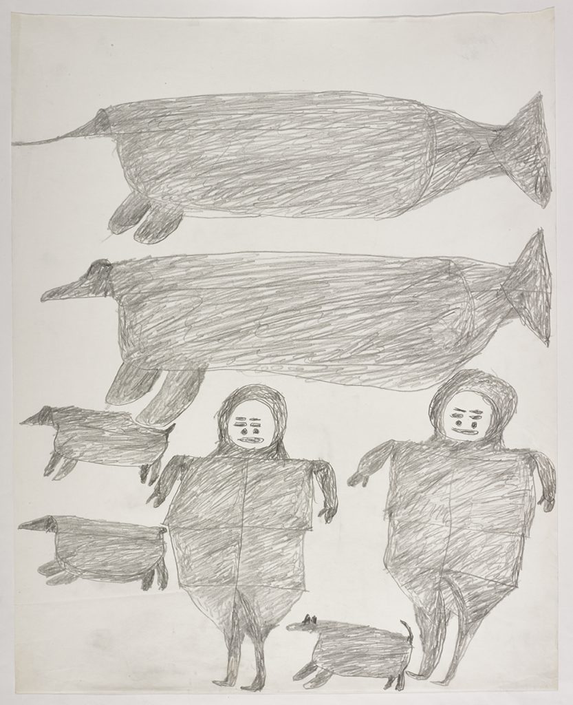Two large whale-like creatures on the top and two Inuit standing beside three dogs on the bottom of the page. They are depicted in a flat