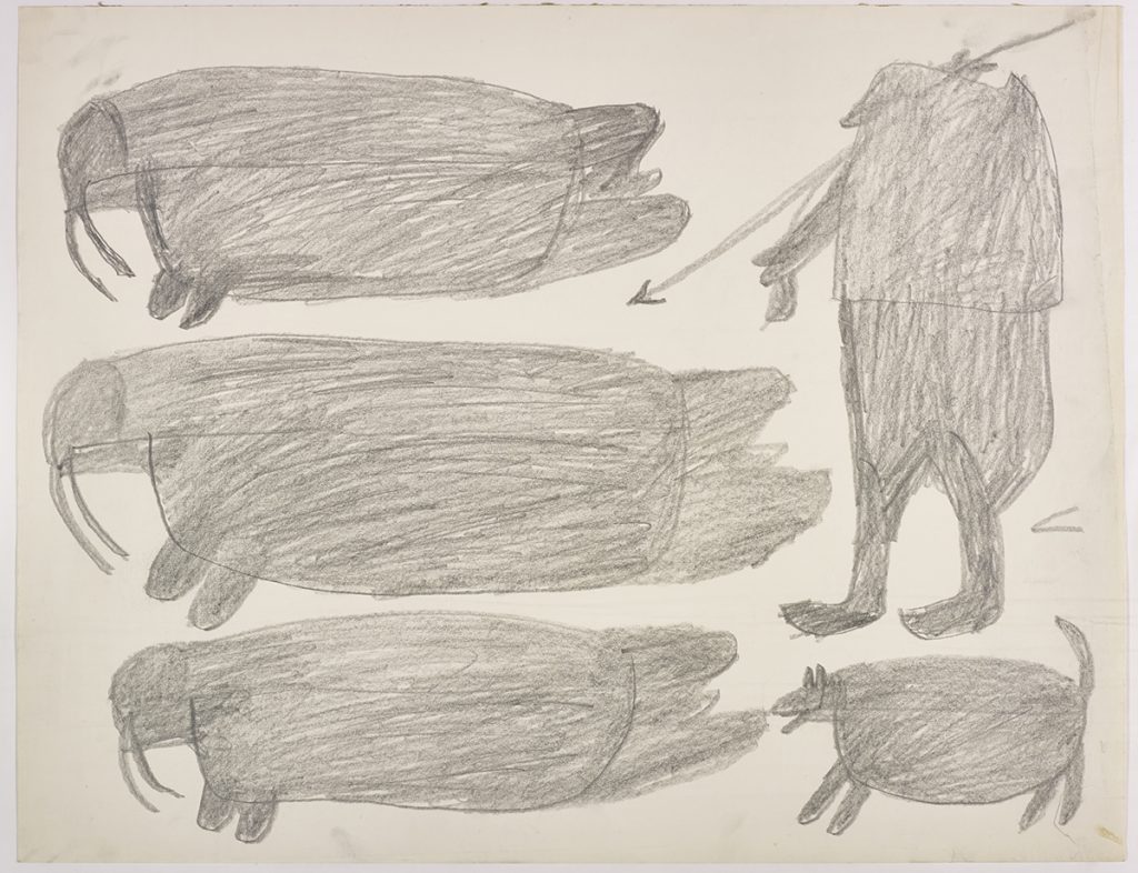 Three large walrus on the left side and a hunter with a weapon and dog on the right side of the page. They are depicted in a flat