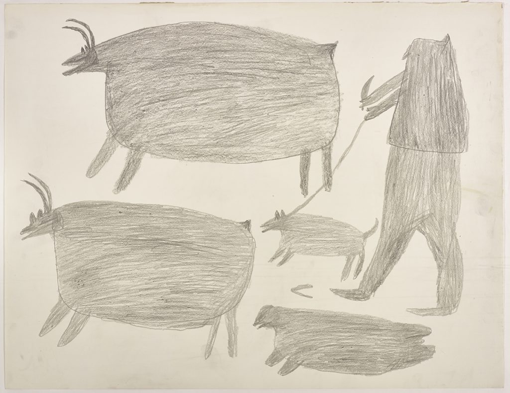 Two caribou on the left side and a hunter holding a weapon and dog with a leash