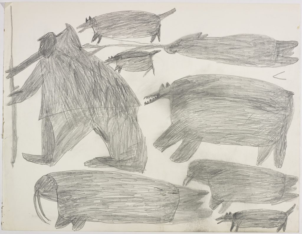 Two dogs near a hunter pulling a dead walrus just above a polar bear on the top and two walrus and another dog on the bottom of the page. They are depicted in a flat