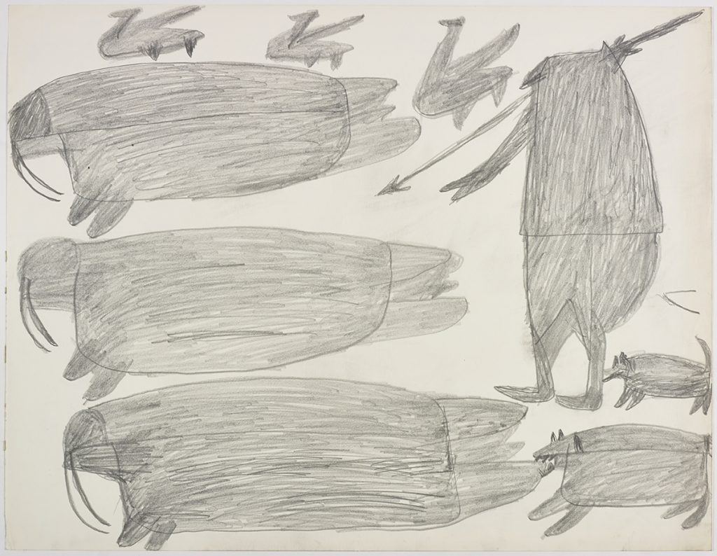 Three large walrus and a row of three birds above them on the left side and a hunter holding a harpoon
