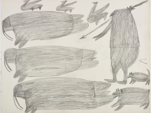 Three large walrus and a row of three birds above them on the left side and a hunter holding a harpoon