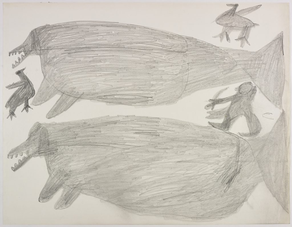 One large sea creature with two birds on the top and another large sea creature and a hunter holding a weapon on the bottom of the page. They are depicted in a flat