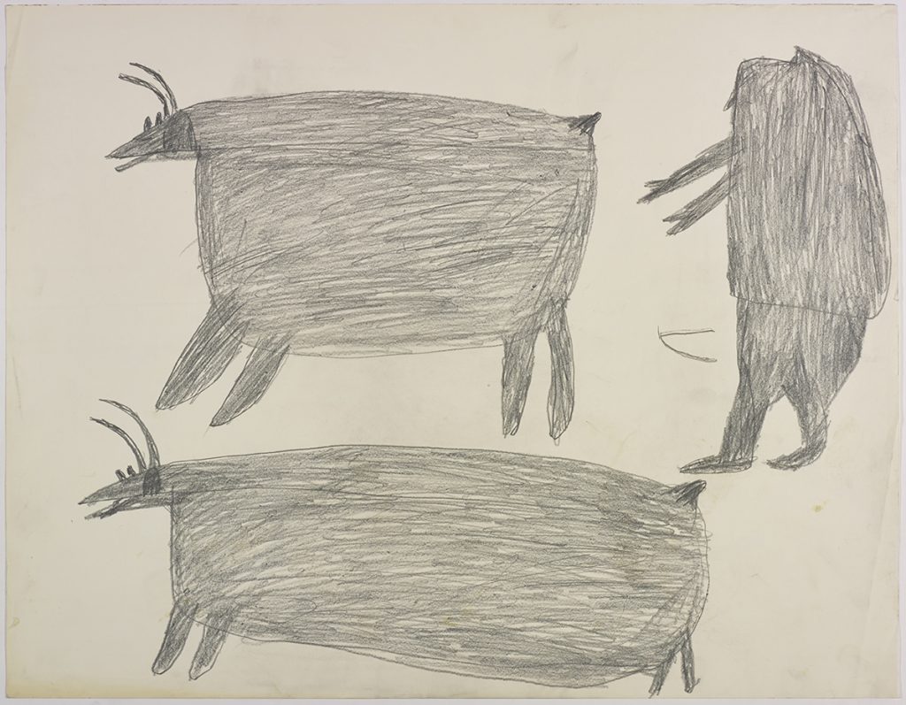 Une figure humaine face à deux gros caribous. Œuvre bidimensionnelle exécutée en gris.