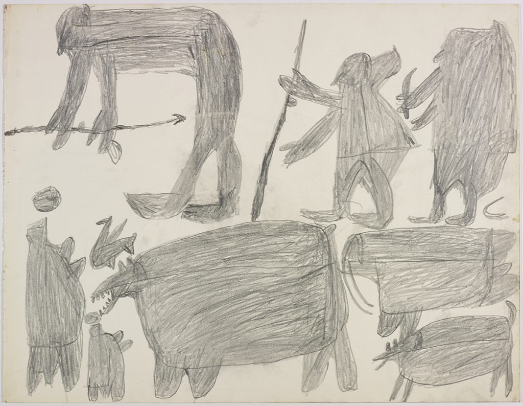 A human figure with a harpoon bending down beside two hunters holding a weapon on the top and two seals