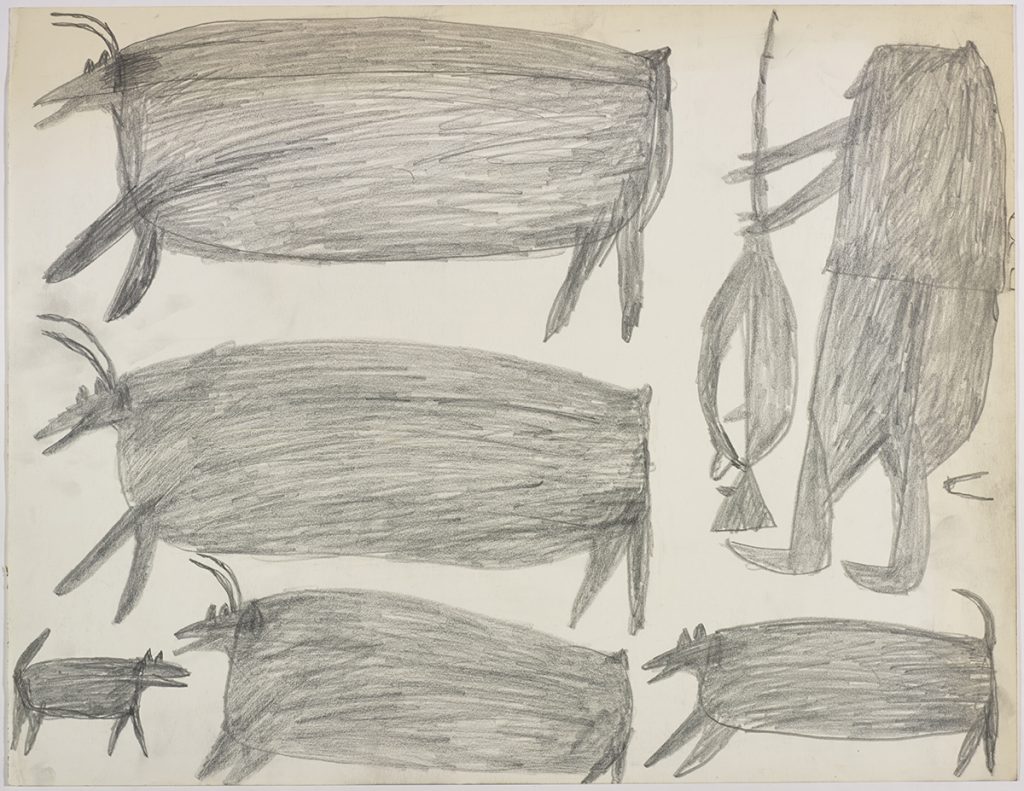 Three caribou and a dog on the left side and a hunter holding a gun above a second dog on the right side of the page. They are depicted in a flat