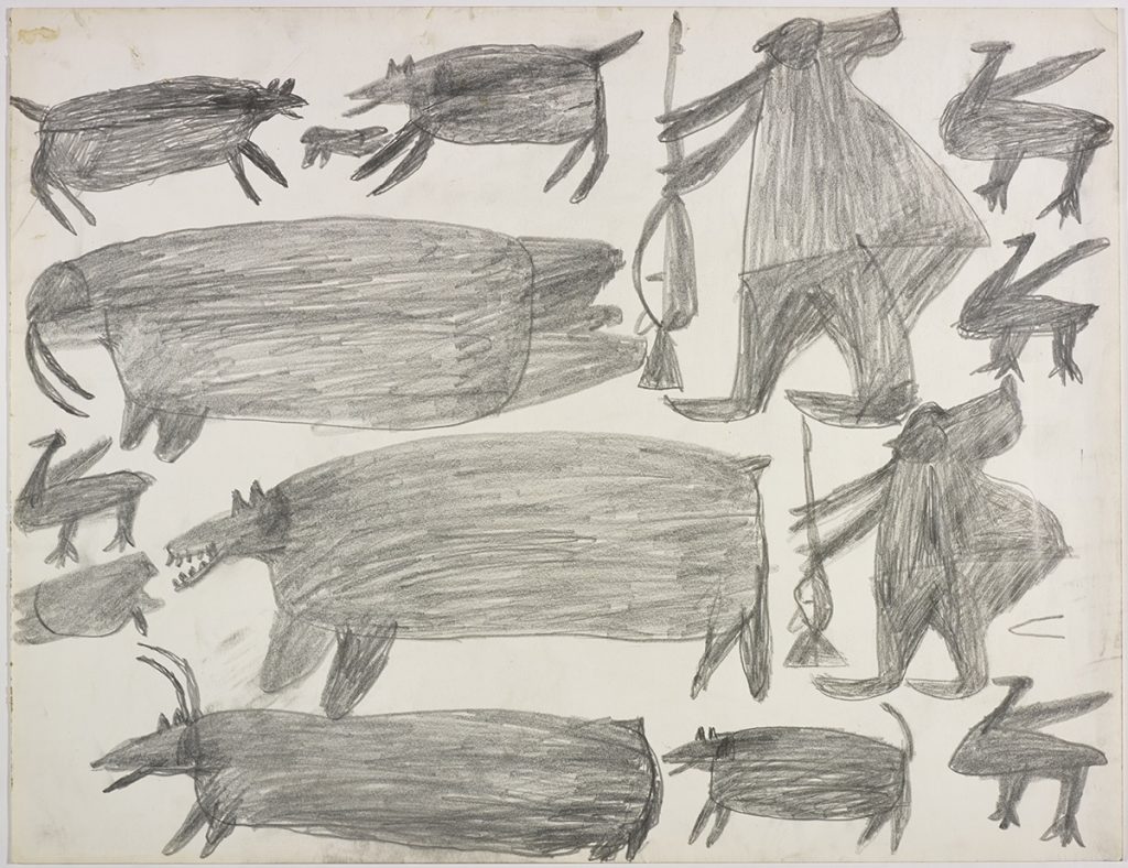 Dans le haut de la page, deux chiens entourant un phoque, deux oiseaux, un morse et une figure humaine tenant un fusil; dans le bas, deux oiseaux, un ours, un caribou, un phoque et un chasseur tenant une arme. Œuvre bidimensionnelle exécutée en gris.