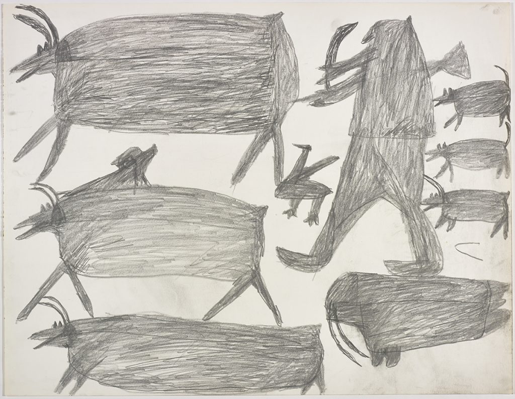 Three large caribou on the left side and a hunter with their weapon near a bird