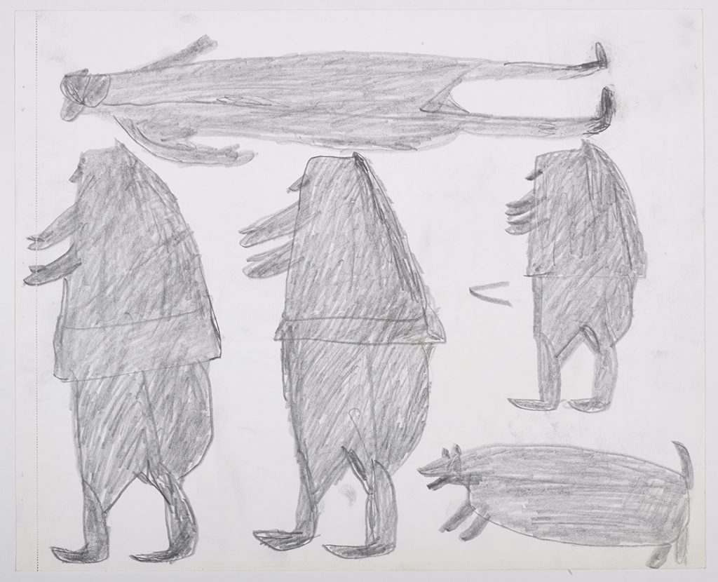 One human figure laying down on the top of the page and three more human figures facing the left next to a dog on the bottom of the page. They are depicted in a flat