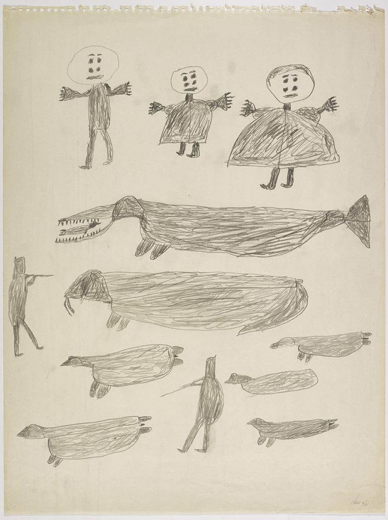 Three children and one whale-like creature biting a seal on the top and two human hunting a walrus and five seals on the bottom of the page. They are depicted in a flat