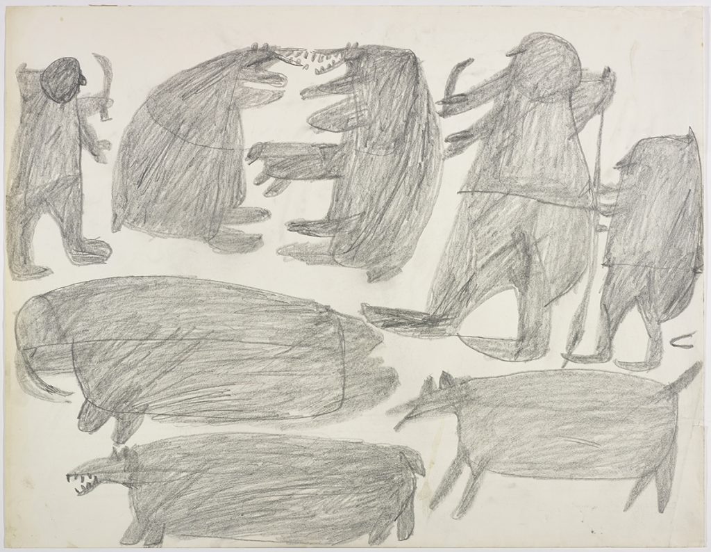 Three humans with knives near two polar bears facing each other on the top and one walrus