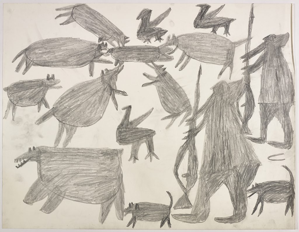 Six dogs surrounding a seal with three birds close by and two hunters