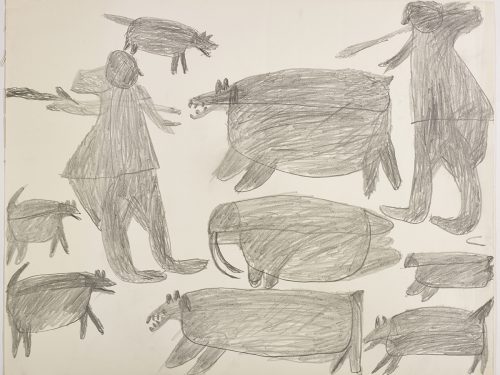 Dans le haut de la page, un chien, un ours polaire et deux figures humaines; dans le bas, trois chiens, un ours polaire, un morse et un phoque. Œuvre bidimensionnelle exécutée en gris.