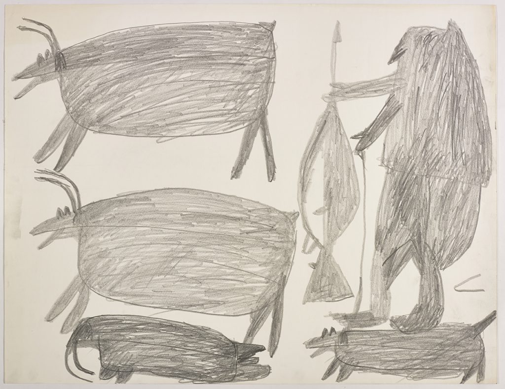 Two caribou and a walrus on the left and a hunter with a weapon and a dog on the right side of the page. They are depicted in a flat