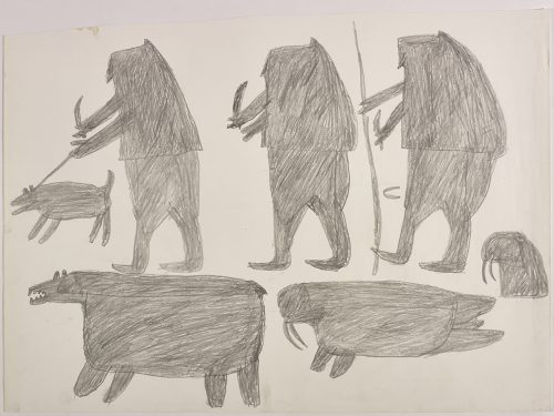 Dans le haut de la page, trois chasseurs et un chien; dans le bas, un ours polaire, un morse et une tête de morse. Œuvre bidimensionnelle exécutée en gris.