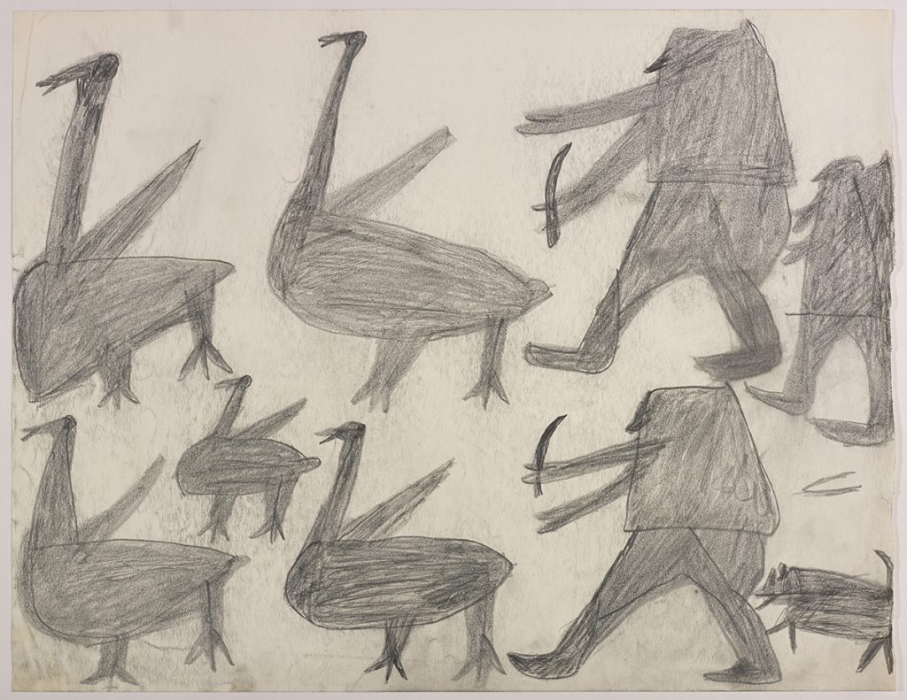 À gauche, cinq oiseaux; à droite, trois chasseurs, dont deux avec des armes, et un chien. Ils sont tous tournés vers la gauche,. Œuvre bidimensionnelle exécutée en gris.