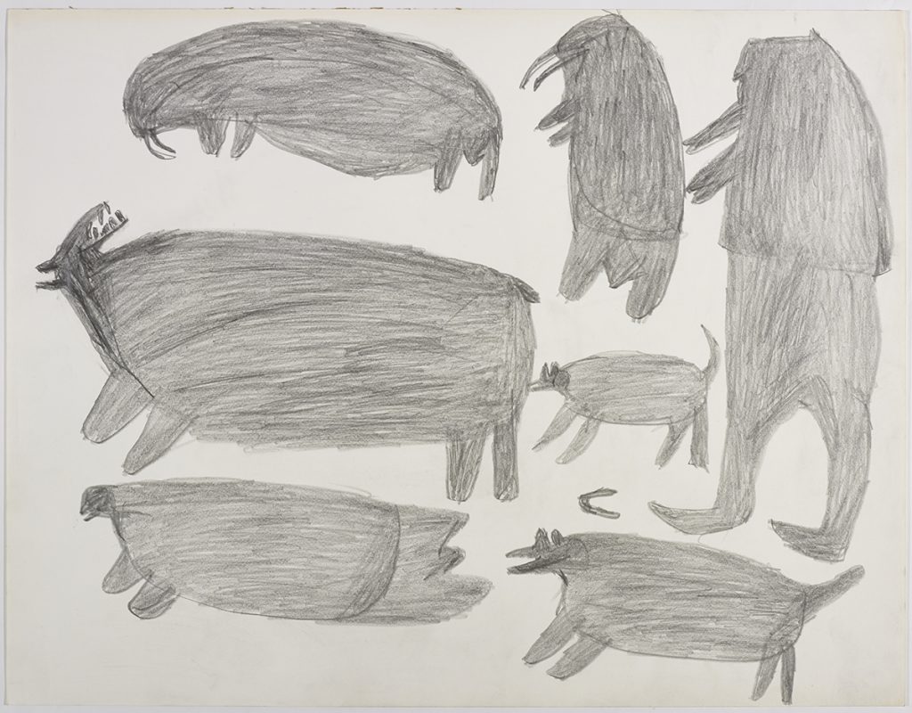 À gauche, deux morses et un ours polaire; à droite, une personne, un morse et deux chiens. Œuvre bidimensionnelle exécutée en gris.