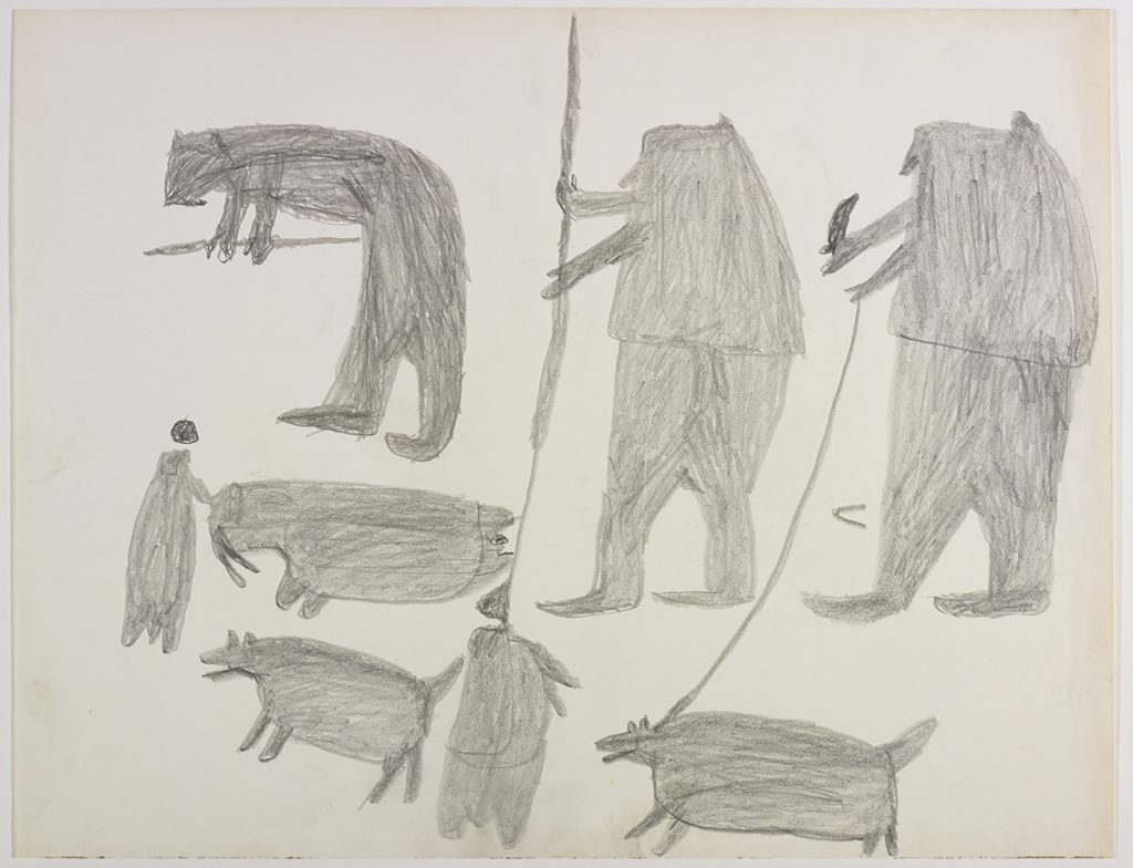 À gauche, un chasseur penché au-dessus d'un trou de phoque, deux phoques et un chien; à droite, deux chasseurs avec leurs armes et un chien. Œuvre bidimensionnelle exécutée en gris.