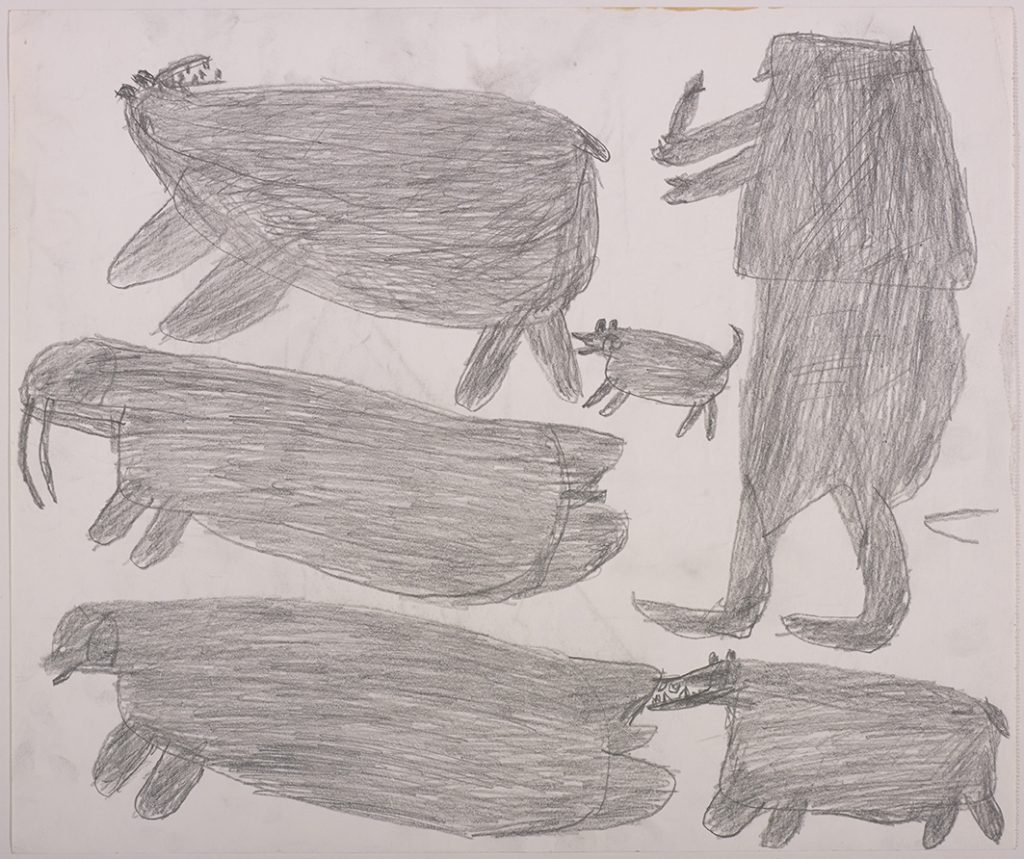 À gauche, un ours polaire, un chien, un morse et un phoque; à droite, un chasseur et un loup. Œuvre bidimensionnelle exécutée en gris.