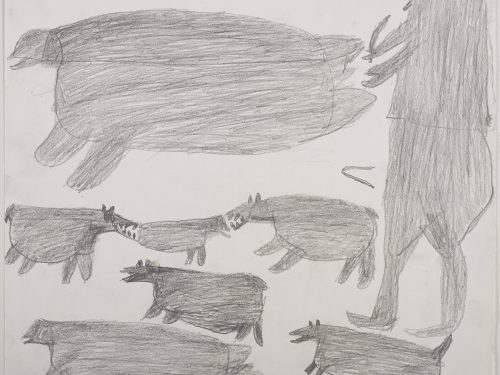 Dans le haut de la page, un béluga et un chasseur; dans le bas, deux loups, deux phoques et deux chiens. Œuvre bidimensionnelle exécutée en gris.