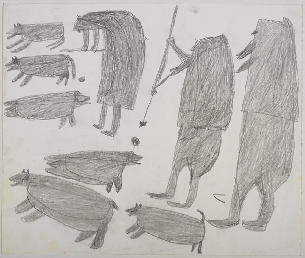 À gauche, deux chiens, deux phoques et un ours polaire; à droite, deux chasseurs, dont un avec une arme, au-dessus d'un ourson. Œuvre bidimensionnelle exécutée en gris.