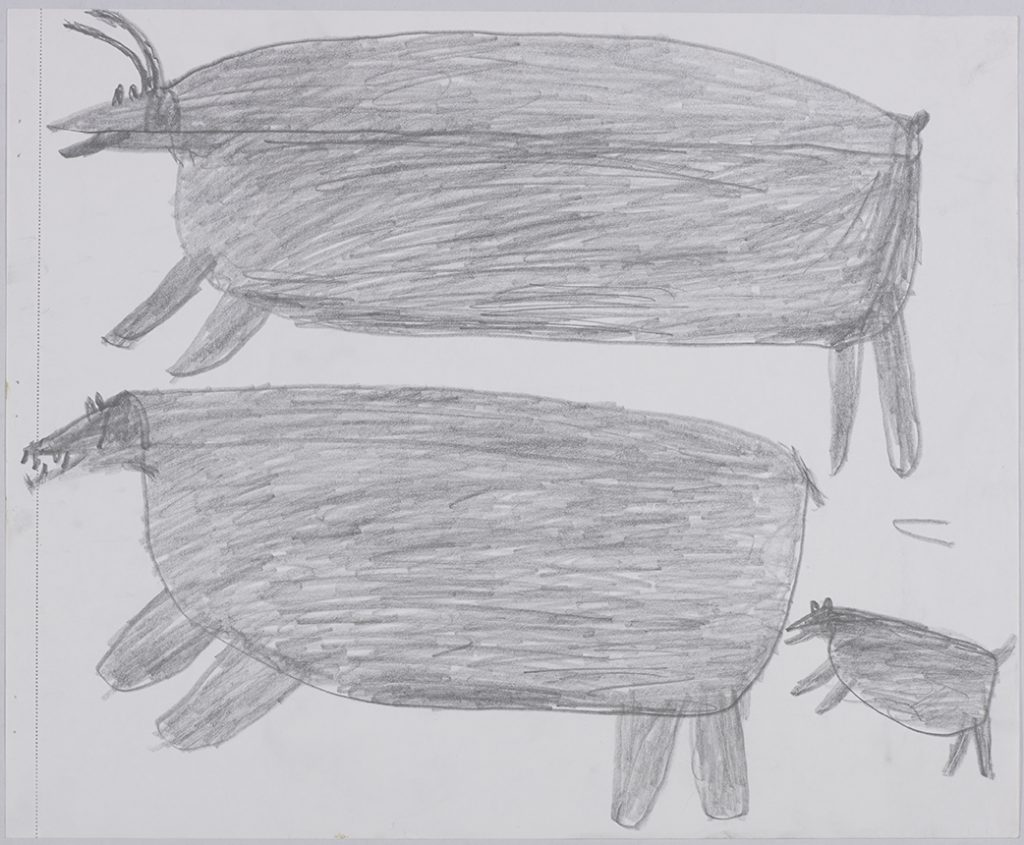 A large polar bear and a caribou on top near a small dog standing on it's hind legs in the bottom right corner. They are depicted in a flat