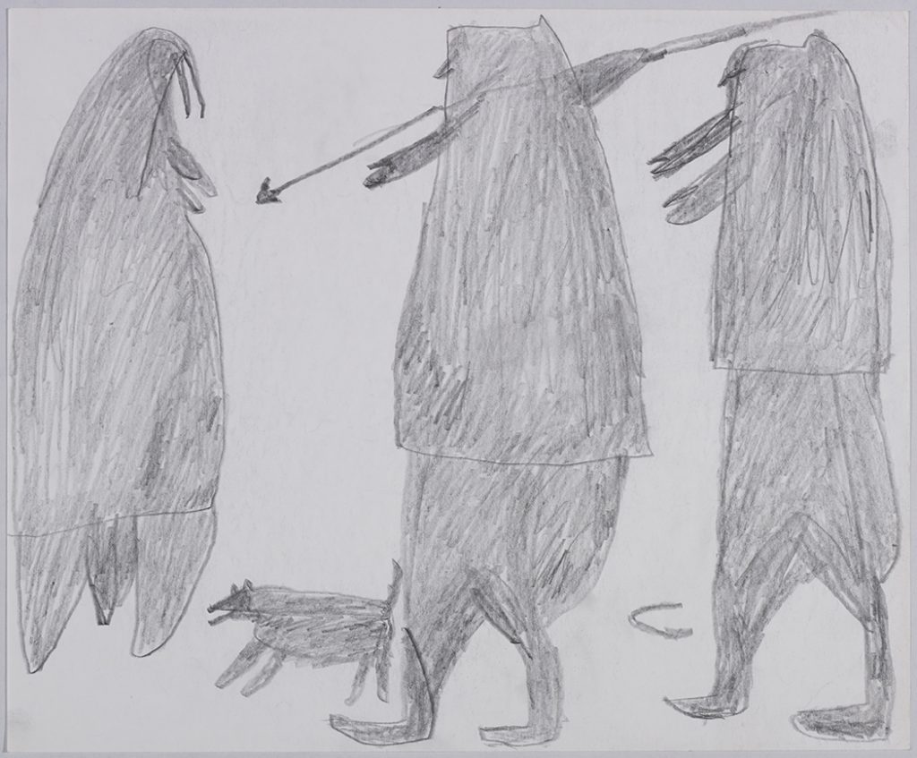 One walrus standing on its hind flippers facing a small dog and two hunters