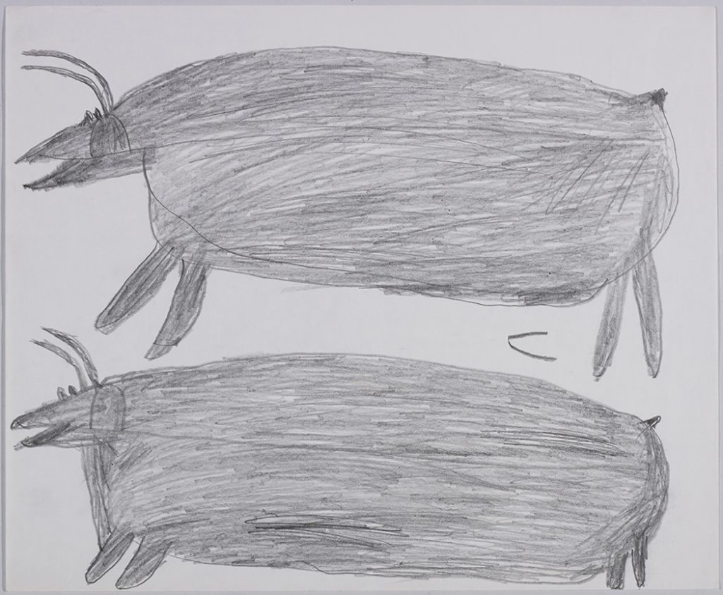 Deux caribous tournés vers la gauche. Œuvre bidimensionnelle exécutée en gris.