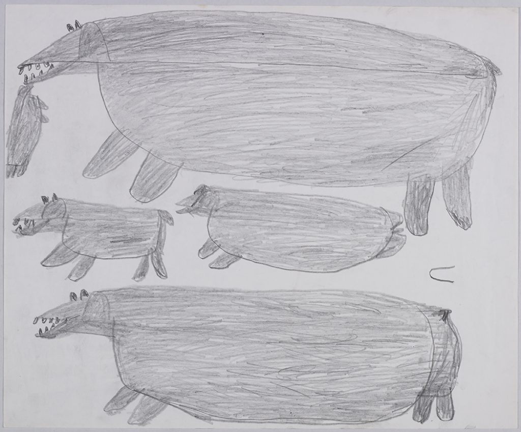 One big polar bear eating a seal on the top and one small polar bear