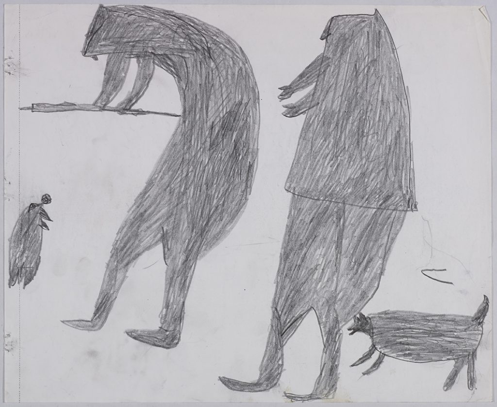 À gauche, une figure humaine penché au-dessus d'un trou guettant un phoque; à droite, une autre figure humaine et un chien. Œuvre bidimensionnelle exécutée en gris.