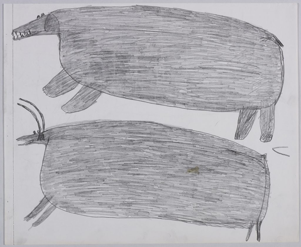 Un gros ours polaire et un gros caribou tournés vers la gauche. Œuvre bidimensionnelle exécutée en gris.