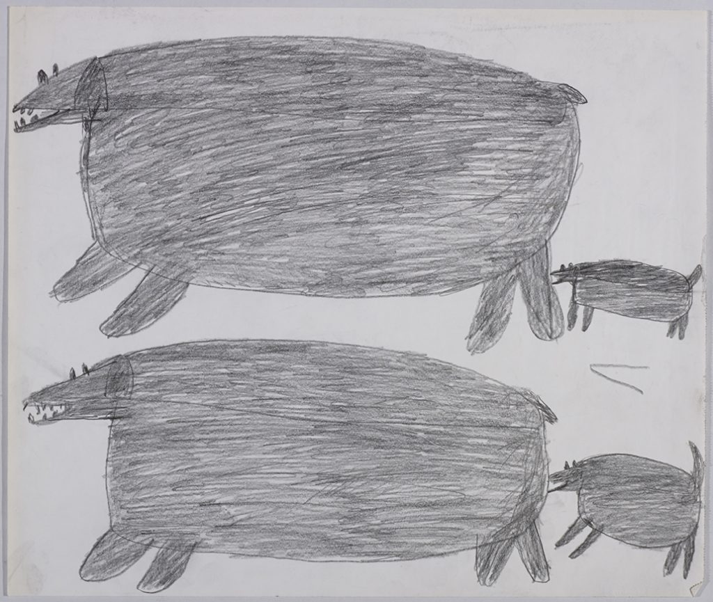 Deux gros ours polaires et deux chiens. Œuvre bidimensionnelle exécutée en gris.