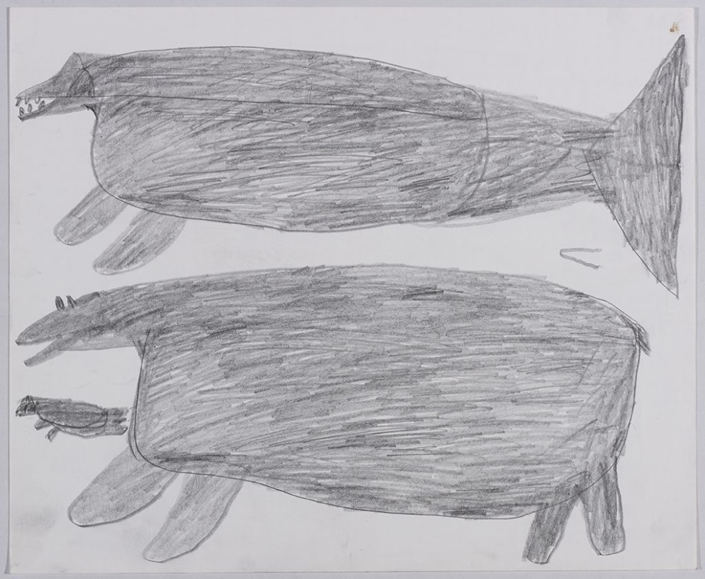Une grande créature ressemblant à une baleine au-dessus d'un gros ours polaire avec un petit phoque dans le coin inférieur gauche. Œuvre bidimensionnelle exécutée en gris.